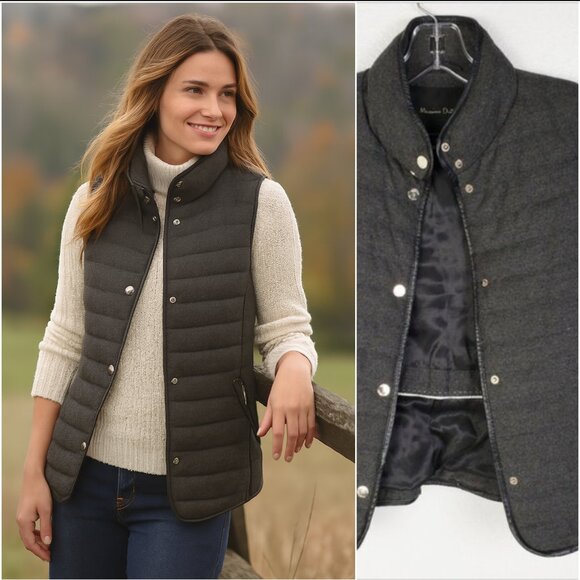 Massimo Dutti Puffer Vest Snap Buttons size XS Black/ Gray Leather Trim - Picture 1 of 15